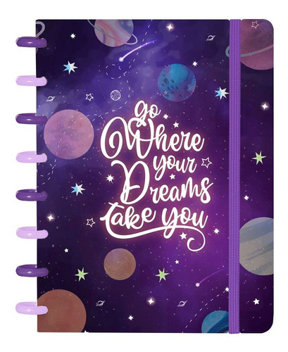 Caderno Disco Iscool Criativo A5 Cosmos Planetas Roxo