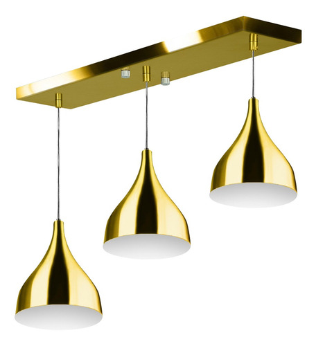 Lustre Pendente Gota Triplo Base Retangular Dourado