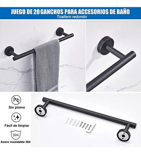 Set De Accesorios Para Baño Juego Toallero Negro 20 Pcs