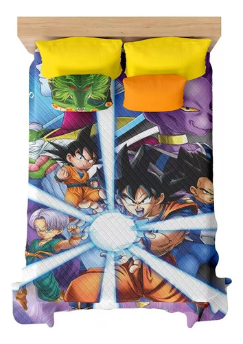 Pack Dragon Ball Súper Colcha Sábana Almohada Matrimonial Naranja Dragon Ball Súper