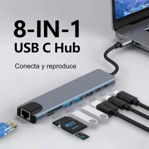 Hub Adaptador Multi Tipo C 8 En 1 Usb C A Hdmi Con Ethernet Plateado ...