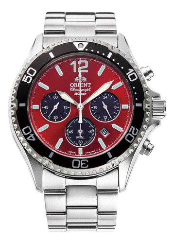 Relógio Orient Sports Solar Mako Ra-tx0207r10b Correia Prateado Bisel Preto Fundo Vermelho