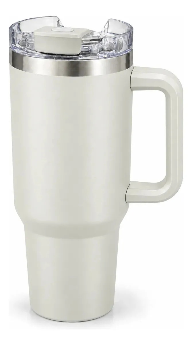 Copo Térmico Grande 1,2l Inox Com Tampa E Inox Canudo Cor Bege - Homefy