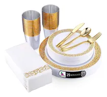 Comprar Berry Bloom Vajilla Elegante Reutilizable Color Oro 175 piezas 50 platos orilla dorada 25 cucharas dorados 25 tenedores dorados 25 cuchillos dorados 25 vasos 25 servilletas para 25 invitados