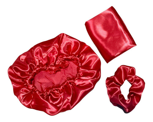 Kit Cetim Touca Fronha Vermelho 70x50cm + Xuxinha Scrunchie