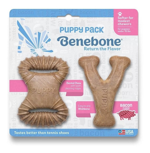 Paquete de juguetes para cachorros Benebone Wishbone y tocino para masticar, color marrón claro