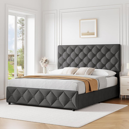 Base De Cama Idealhouse Matrimonial Tapizada En Lino Grey