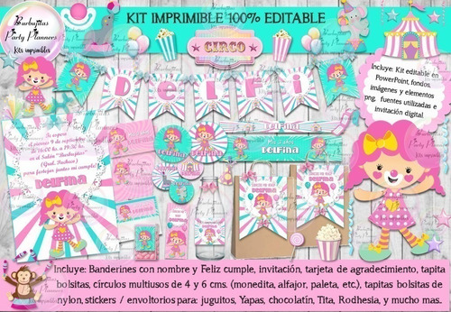 Kit Imprimible Candy Bar Circo Rosa Payasa 100% Editable