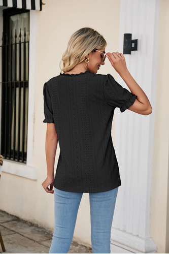 Women's T-shirt With Hollowed Out V-neck And Bubble Sleeves
