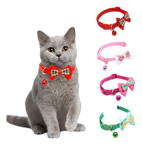 Coleira Ajustavel Com Sino E Gravata Para Gatos Rosa Xadrez Ajustável