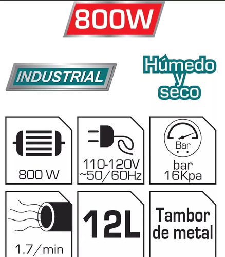Aspiradora 12l Humedo-seco 800w Total