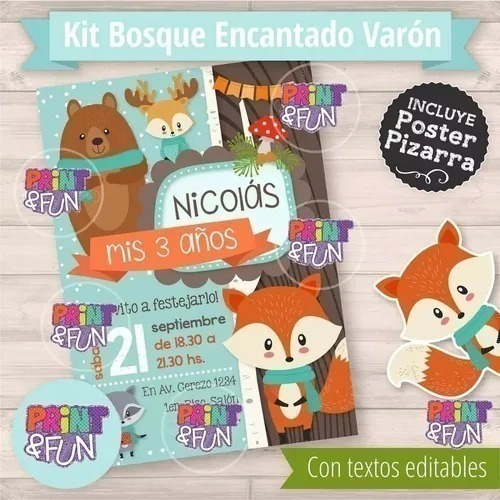 Kit Imprimible Animales Bosque Zorrito Cumpleaños Candy Bar