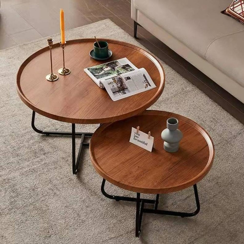 Juego Mesa De Centro Redonda Doble Madera Color Marron