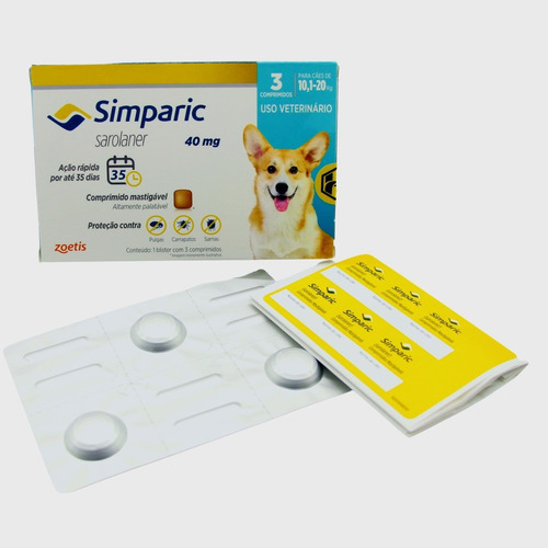 Imagem 2 de 6 de Anti Pulgas Simparic 40mg C/3comp Cães 10,1 A 20 Kg