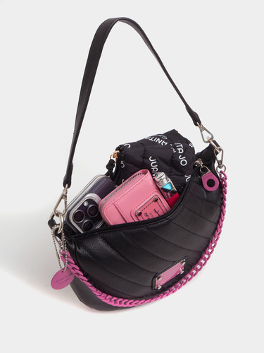 Cartera De Hombro Andes Chica Tote Juanita Jo Mujer Dama Negro Con Fucsia Lisa