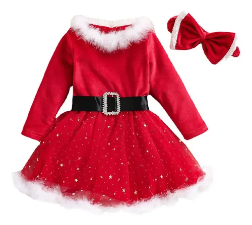 Vestido Navideño Rojo Para Niña – Set De 3 Piezas Con Gorro Y Cinturón Dorado, Terciopelo Cálido, Ideal Para Fiestas Y Eventos Festivos