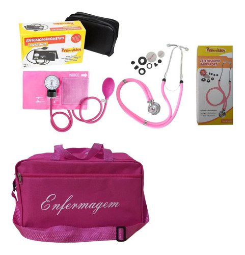 Kit Enfermagem Com Esteto Esfigmo E Bolsa Rosa