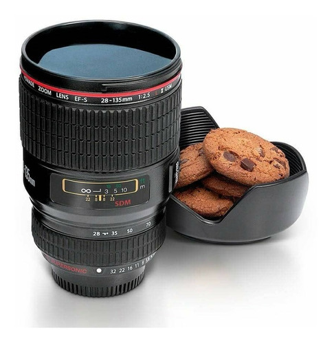 Taza En Forma De Lente De Camara Con Porta Galleta