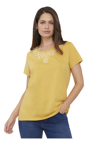 Polera Mujer Escote Bordado Mostaza Corona