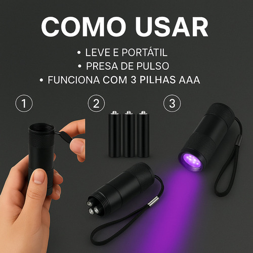 Lanterna Tática Marca DNC DIGITAL, UV LED T6 Luz Negra Ultra Violeta, Defesa Pessoal, Detecta Nota Falsa, Escorpião, Vazamento, Unha Gel, Resina, Mais Potente do Mundo, Funciona com Pilhas