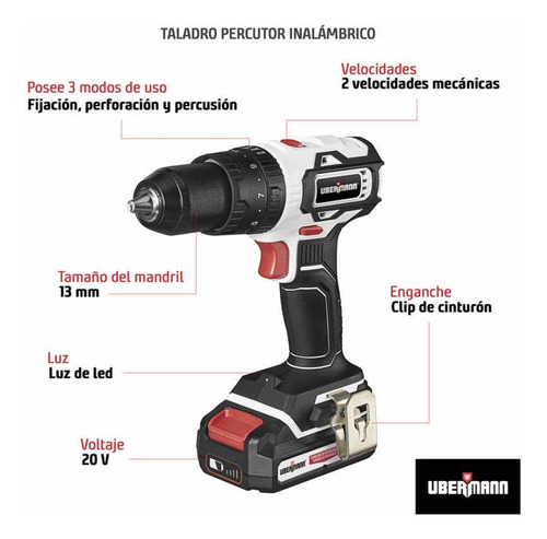 Taladro Percutor Inalámbrico 13mm 20v +2 Baterías Ubermann
