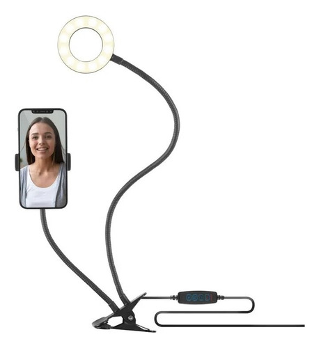 Aro De Luz Led Con Mobo,soporte Pinza Flexible Para Celular Color Negro