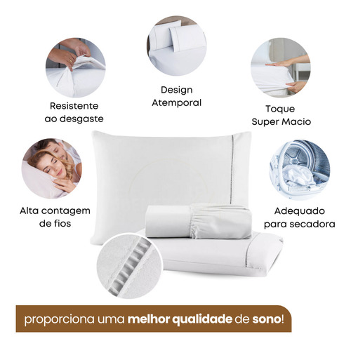 Jogo De Lençol Queen 3 Peças C/ Elástico 400 Fios Ponto Palito Toque Suave Macio Luxo Premium Cor Branco
