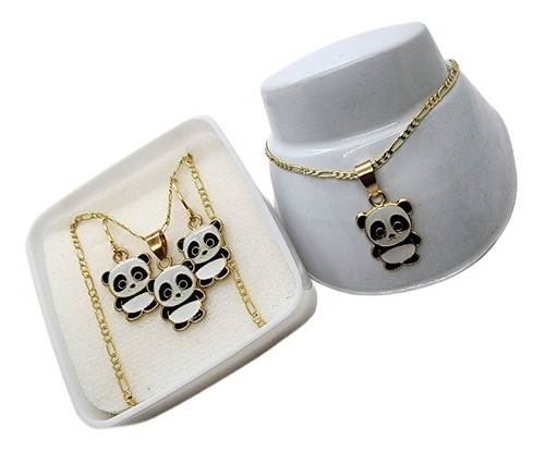 Collar De Oso Panda De Oro Laminado Con Aretes+pulsera O4