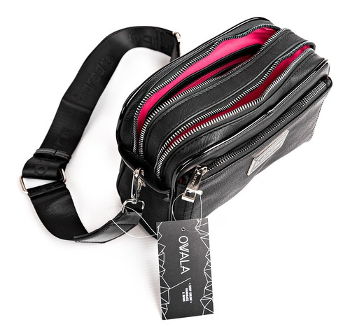 Imagen 2 de 6 de Cartera Bandolera Cuero Sintetico Barbara Negra Divisiones