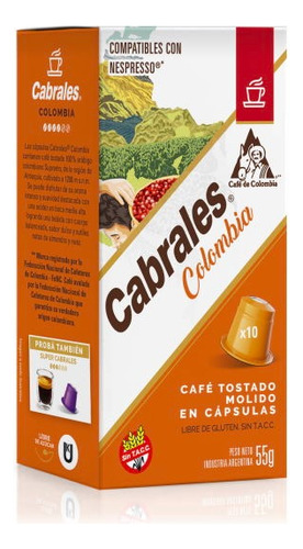 Capsulas Cafe Nespresso Cabrales Colombia X10 Sin Tacc 