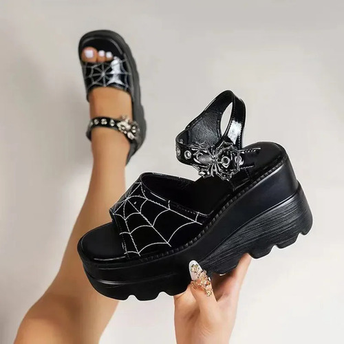 Sandalias Con Cuña Gothic Punk Spider Web Para Mujer