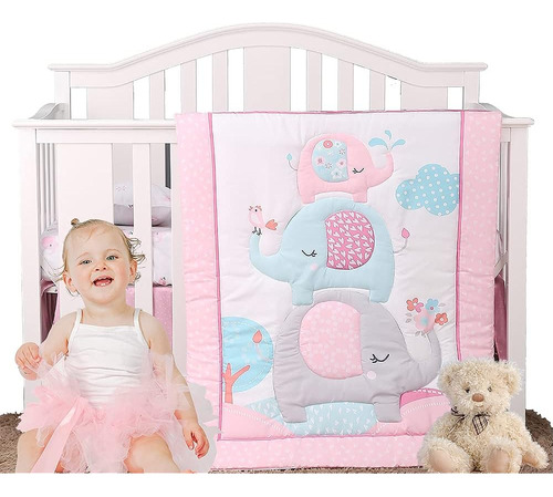 Juego De Cama De Cuna Elefante Rosa 3 Piezas Baby Nursery Be