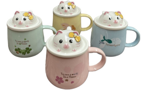 Taza Azucarero Gatito Con Tapa Y Cuchara De Cerámica 400 Ml