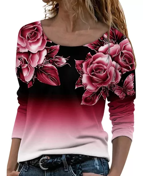 Blusa Algodon Manga Larga Para Mujer Cuello Redondo Diseño