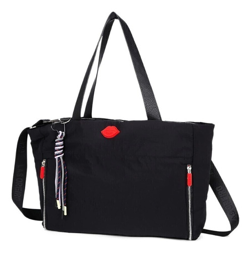 Cartera Tote Las Oreiro Bolsillo Interno Frontal + Llavero Color Negro Diseño De La Tela Liso