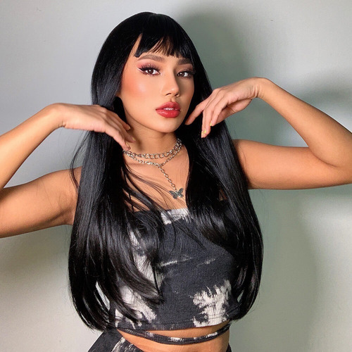 Peluca Cabello Con Fleco Pelo Larga Lacio Negro Fibra Moda