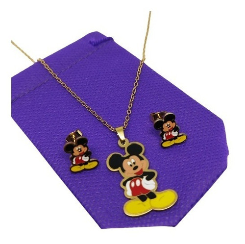 Juego Mickey Cadena Dije Y Aretes Acero 360 Inoxida 00618