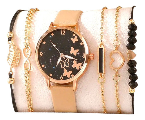 Set Reloj De Mariposa Con Pulseras Cafe Beige