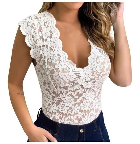 Body Sin Mangas Sexy Con Cuello En V Para Mujer Encaje Solid