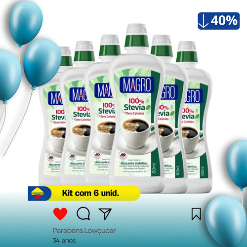 Kit Especial Com 6 Adoçante Magro 100% Stévia De 60ml