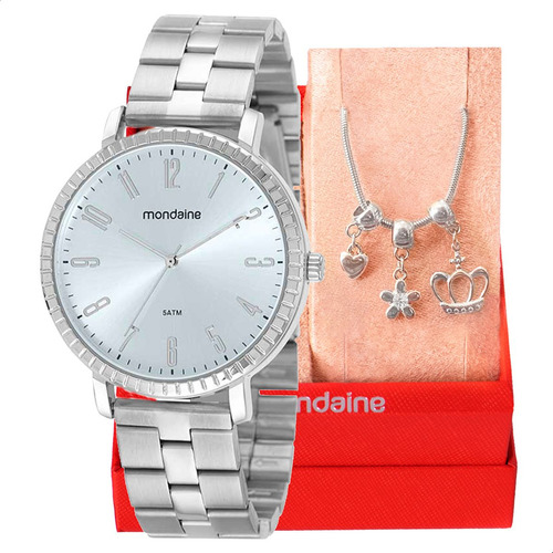 Relógio Feminino Mondaine Original + Pulseira Berloques Cor da correia Prateado Cor do bisel Prateado