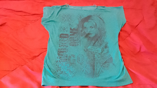 Remera Verde Manga Corta Con Cara De Mujer Talle L