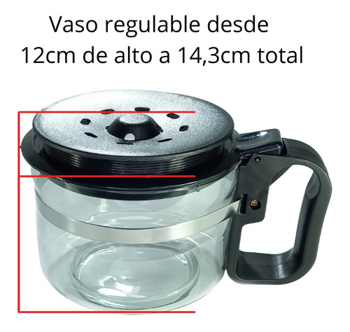Imagen 3 de 9 de Vaso Jarra Cafetera Vidrio Alto Tapa Regulable Universal