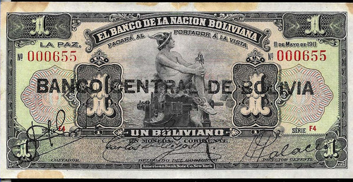 Bolivia 1 Boliviano Año 1911 Con P. De Ox.