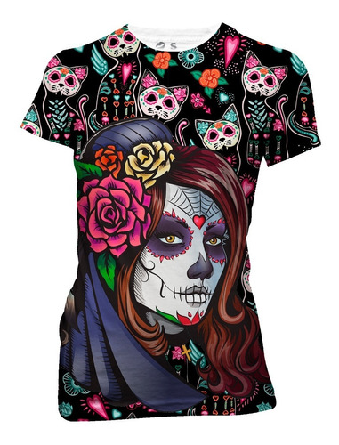 Playera Full Print Día De Muertos Catrina Gatitos Flores 131