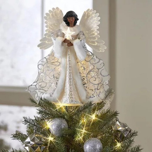 . Punta Del Árbol De Navidad Con Ángel Resplandeciente