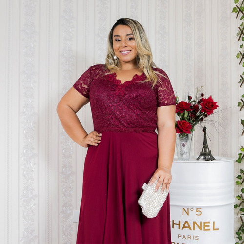 Imagem 2 de 7 de Vestido Festa Marsala Plus Size Madrinha Manga Luxo Brilho