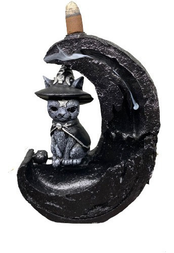 Incensário Cascata Gato Salem - Decoração Em Resina Cor Prateado