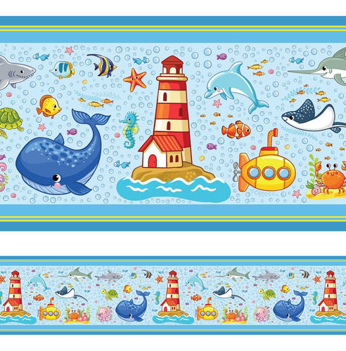 Imagem 3 de 3 de Faixa Decorativa De Parede Infantil Fundo Do Mar 10cmx20m