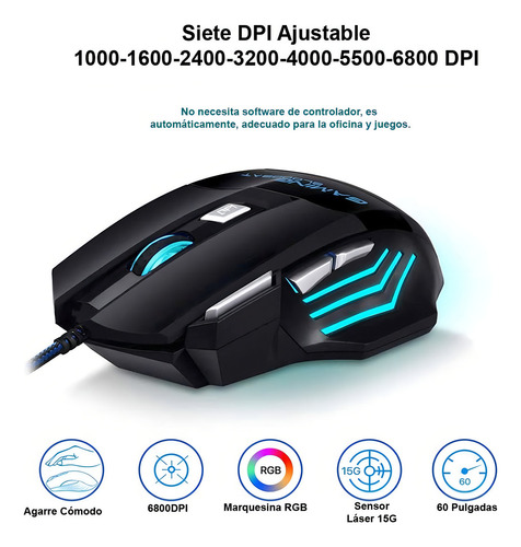 Mouse ergonômico Gaming Gamer Optical Wired USB LED 7 botões 5500 Dpi Scroll Wheel Color Techno Black